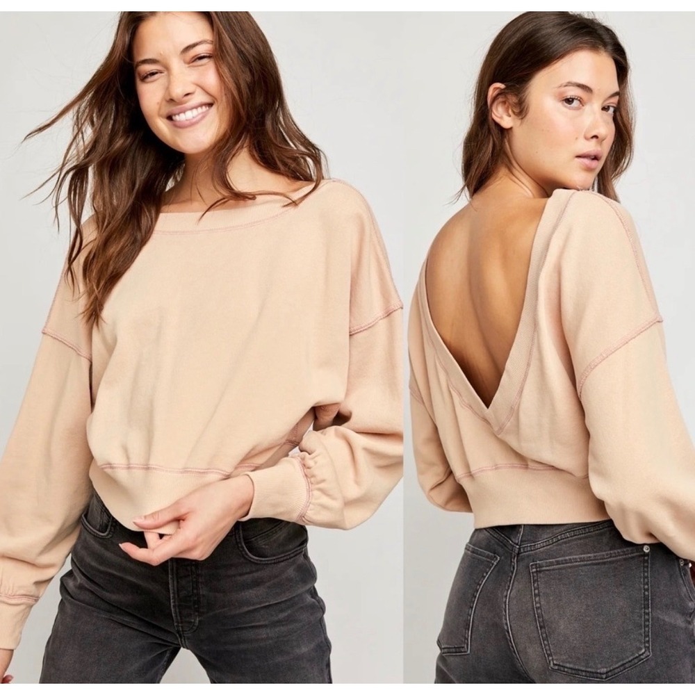 Free People Take Me Back Pullover Sweatshirt Peach Tan V-Back Reversible S